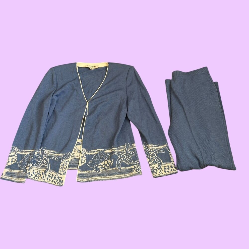 St John Collection 2 Piece Set Womens 6/8 Blue Jacket and Pants Sea Shore